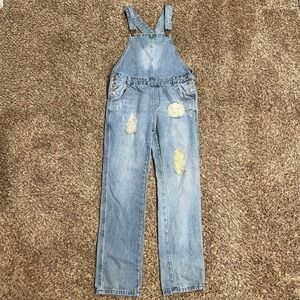 Mod Ref Light Wash Distressed Denim Overalls Straight Leg Womens Size L